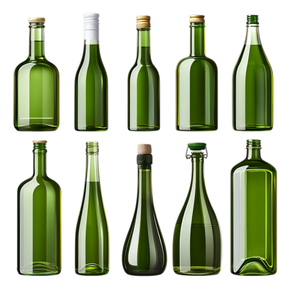 PNG Collection of Green Glass Bottles in Various Shapes and Sizes for Recycling Campaigns, Eco-Friendly Promotions, or Artistic Projects