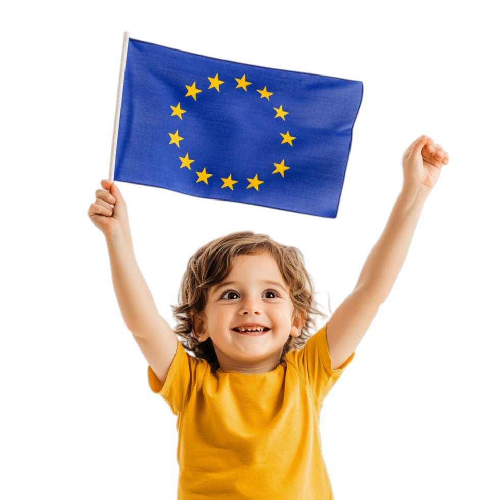 PNG Cheerful Child Waving the EU Flag with Pride Against Transparent Background for International Celebrations or Educational Projects