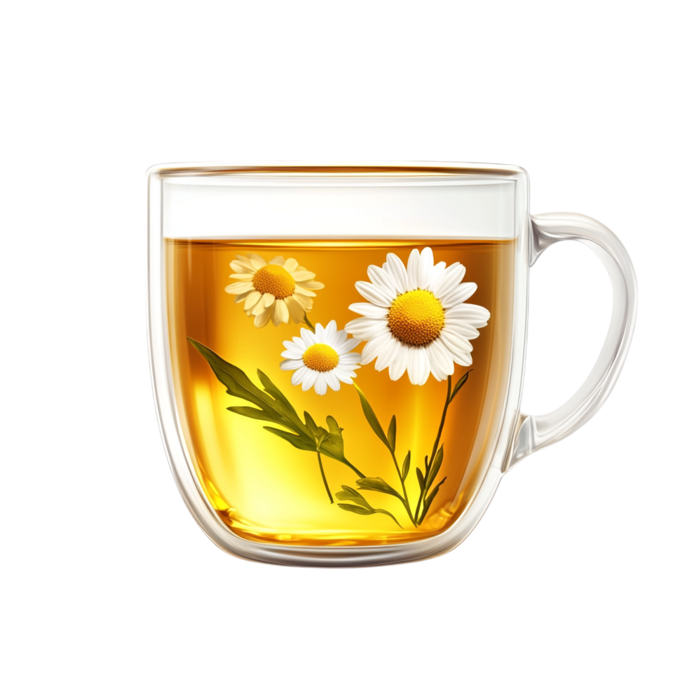 PNG Aromatic Chamomile Tea in a Glass Cup Against Transparent Background for Beverage Designs, Relaxation Themes, or Organic Illustrations