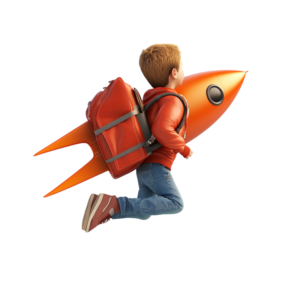Little Boy Flying with a School Backpack That Has a Rocket Wing png