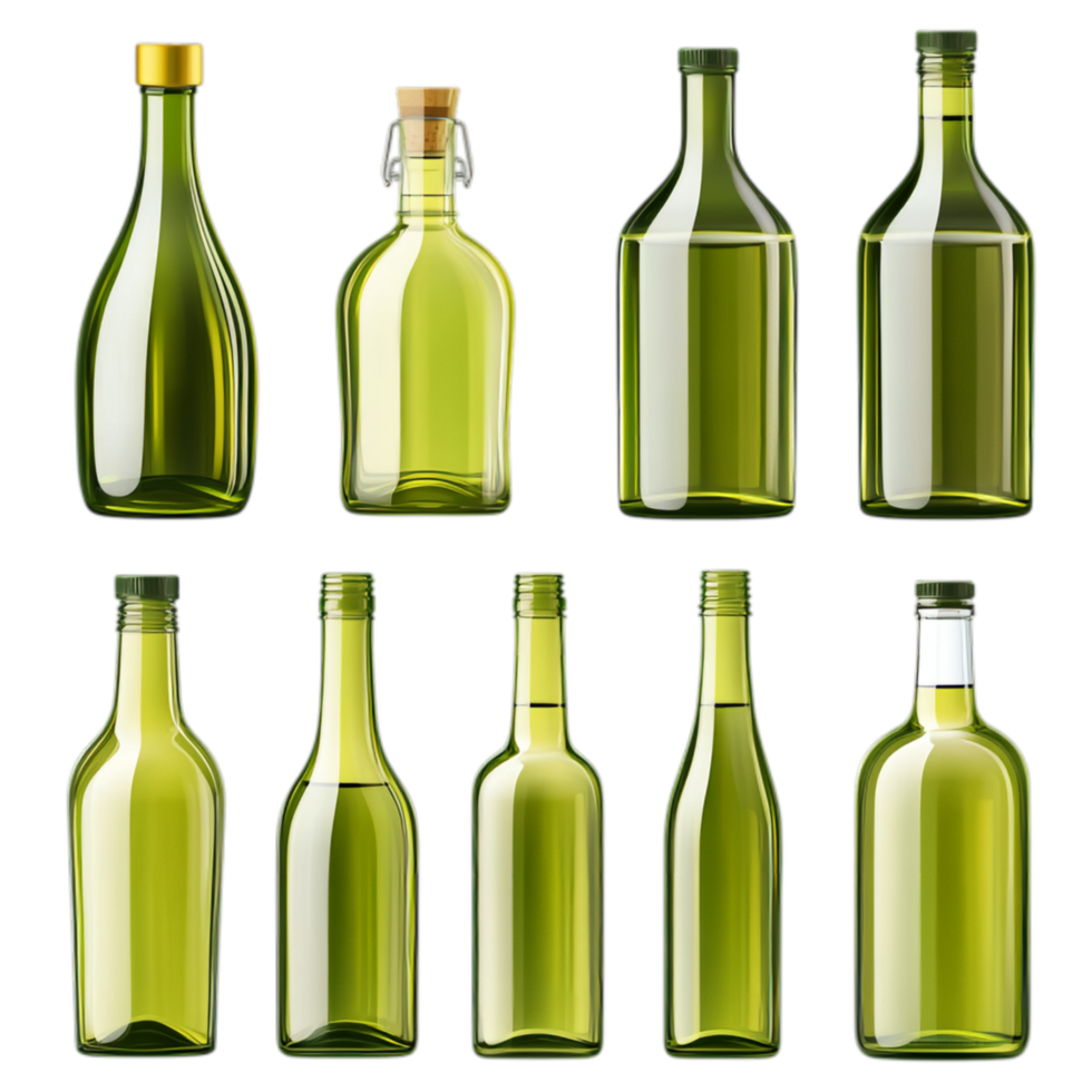 PNG Collection of Green Glass Bottles in Various Shapes and Sizes for Recycling Campaigns, Eco-Friendly Promotions, or Artistic Projects