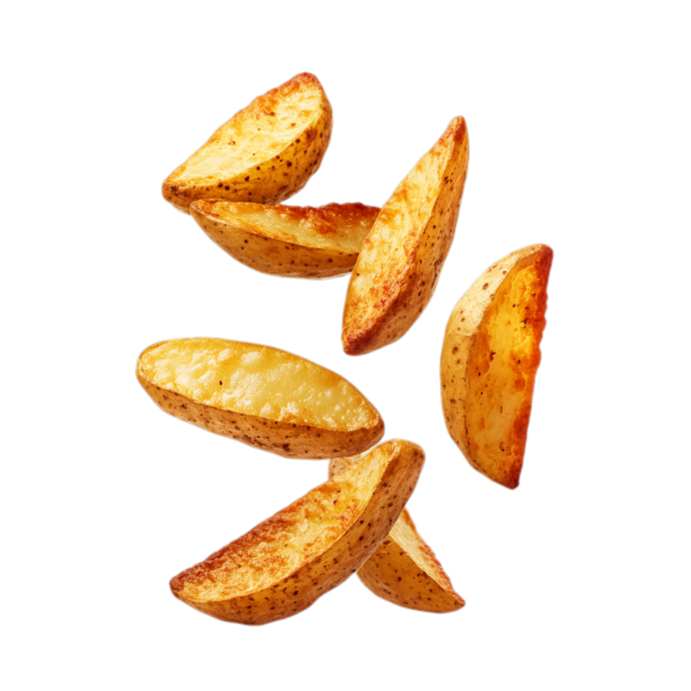 PNG Delicious Crispy Potato Wedges Falling Against Transparent Background for Snack Advertising, Dynamic Food Designs, or Culinary Promotions