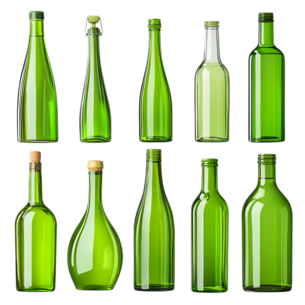 PNG Collection of Green Glass Bottles in Various Shapes and Sizes for Recycling Campaigns, Eco-Friendly Promotions, or Artistic Projects