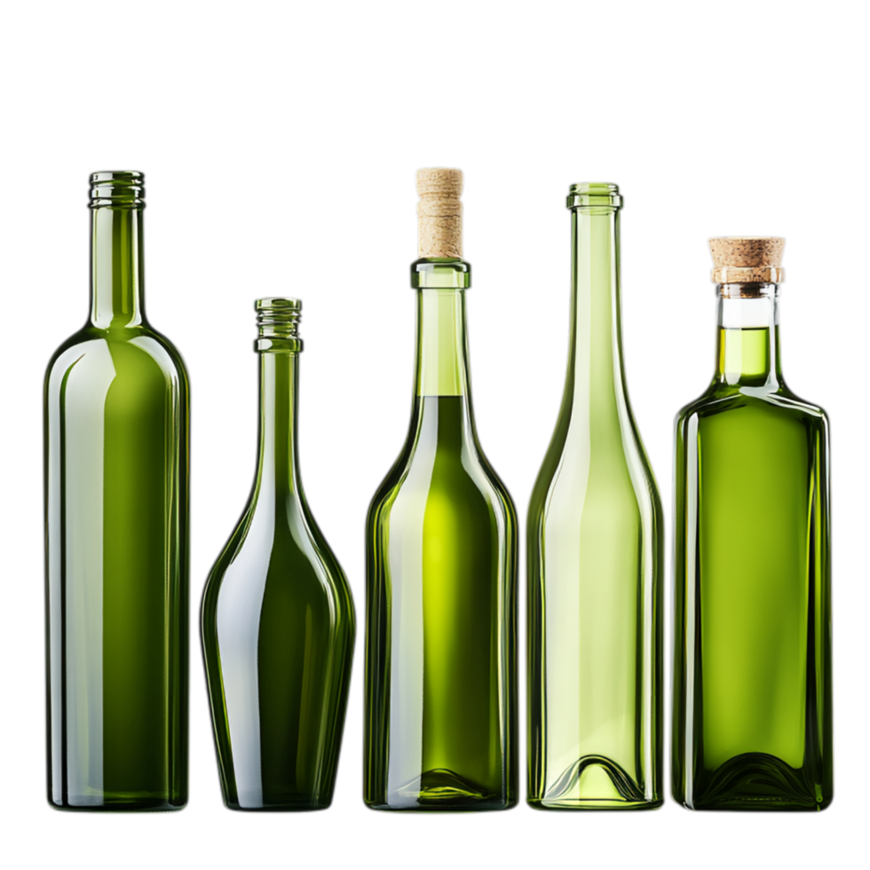 PNG Collection of Green Glass Bottles in Various Shapes and Sizes for Recycling Campaigns, Eco-Friendly Promotions, or Artistic Projects