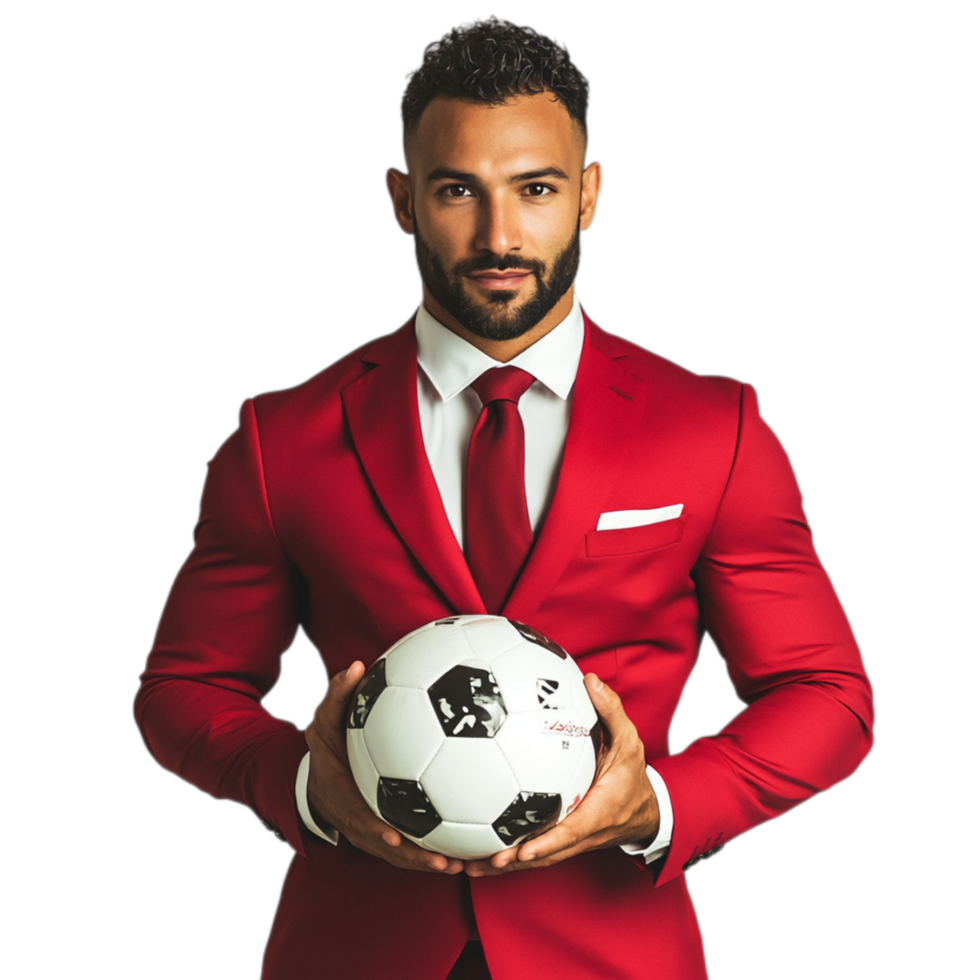 PNG Confident Man in Red Suit Holding Soccer Ball Against Transparent Background for Sports Advertising, Team Branding, or Athletic Campaigns