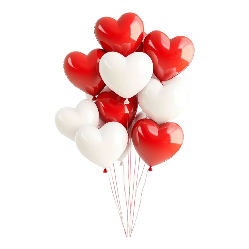 PNG Bunch of Red and White Heart-Shaped Balloons Against transparent Background for Romantic Celebrations, Valentine's Day, or Party Themes