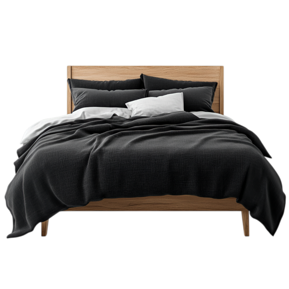 PNG Elegant Black Bed Linen on Wooden Frame Against Transparent Background for Home Decor Branding, Bedroom Design, or Lifestyle Promotions