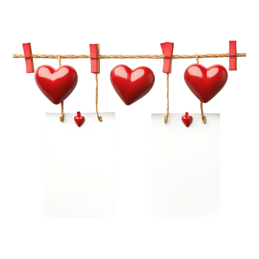 PNG Clothesline with Red Hearts and Blank Paper Against transparent Background for Valentine's Day Decorations, Romantic Notes, or Love-Themed Designs