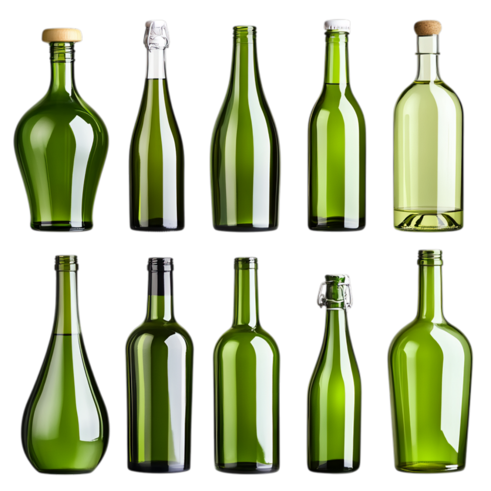 PNG Collection of Green Glass Bottles in Various Shapes and Sizes for Recycling Campaigns, Eco-Friendly Promotions, or Artistic Projects