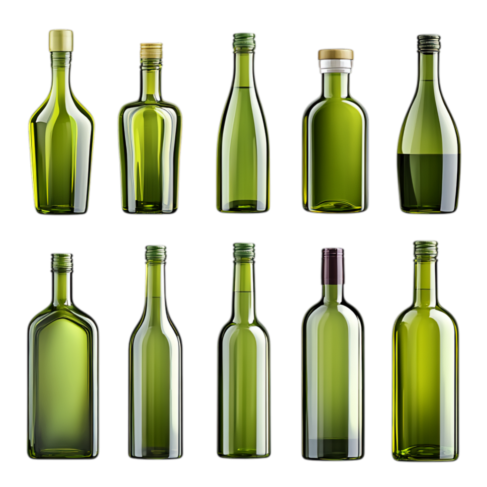 PNG Collection of Green Glass Bottles in Various Shapes and Sizes for Recycling Campaigns, Eco-Friendly Promotions, or Artistic Projects