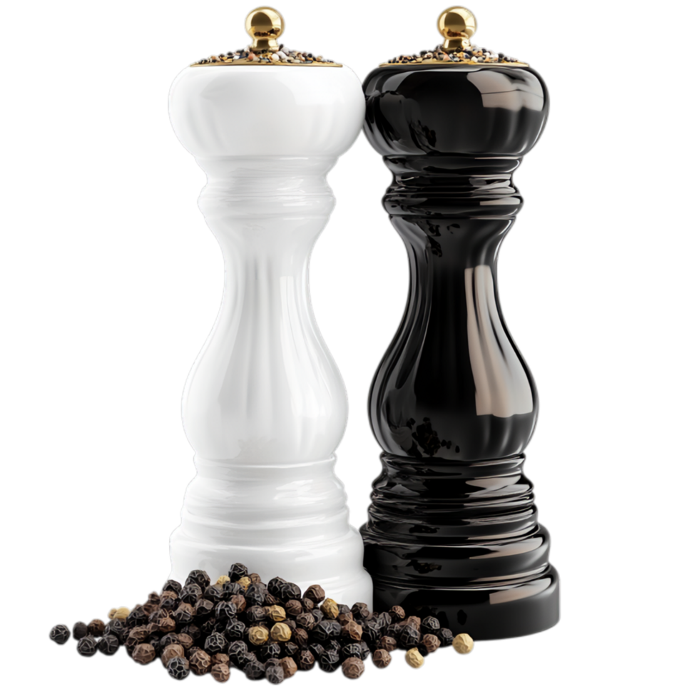 PNG Elegant Black and White Pepper Grinders with Peppercorns Against Transparent Background for Kitchenware Advertising, Culinary Branding, or Recipe Campaigns