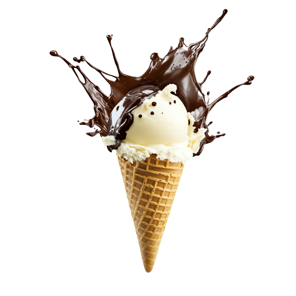 Isolated Vanilla Cone Ice Cream with Chocolate Splash png
