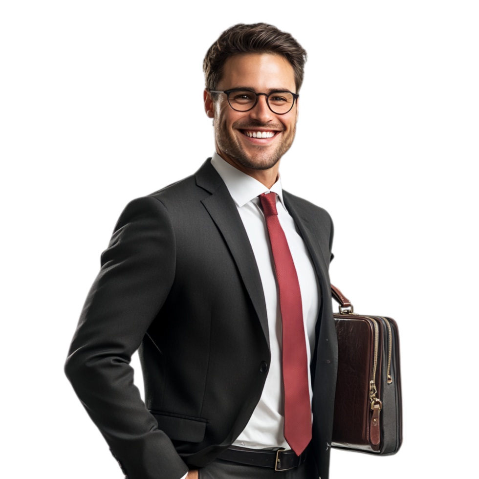 PNG Confident Businessman Smiling with Briefcase Against Transparent Background for Career Themes, Business Marketing, or Leadership Projects
