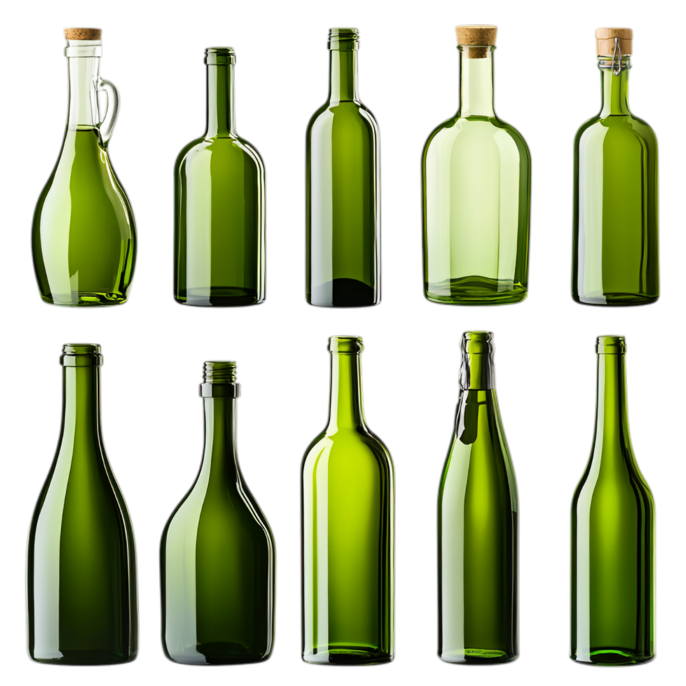 PNG Collection of Green Glass Bottles in Various Shapes and Sizes for Recycling Campaigns, Eco-Friendly Promotions, or Artistic Projects