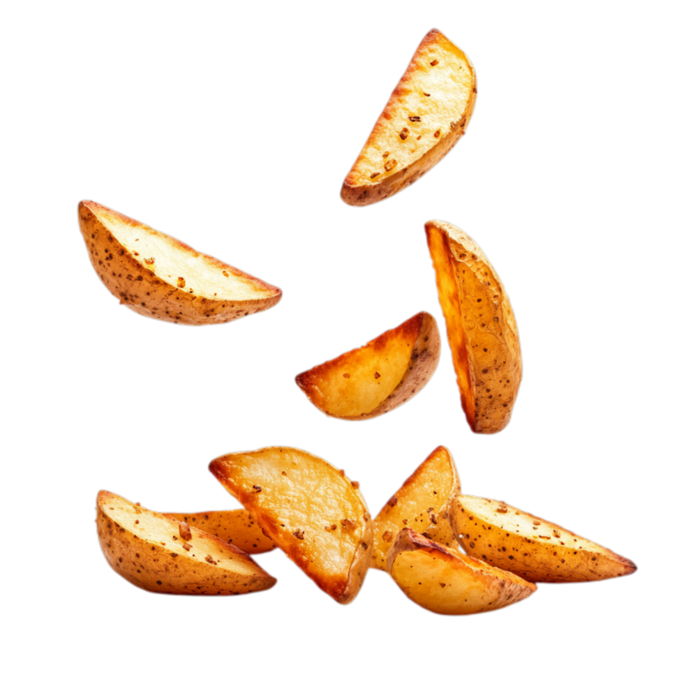 PNG Delicious Crispy Potato Wedges Falling Against Transparent Background for Snack Advertising, Dynamic Food Designs, or Culinary Promotions