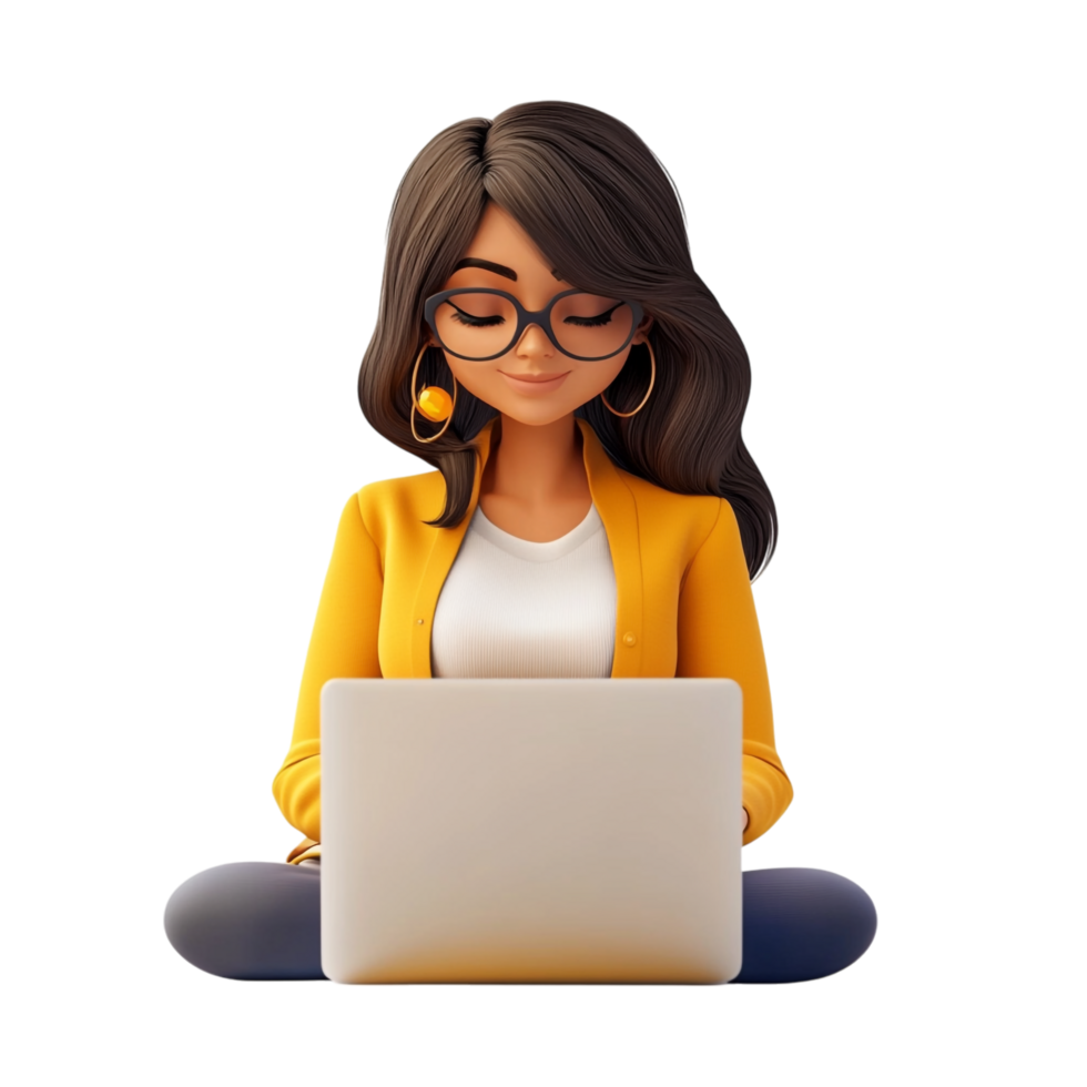 PNG 3D Render of a Woman Working on a Laptop Against Transparent Background for Remote Work, Productivity Themes, or Technology Illustrations