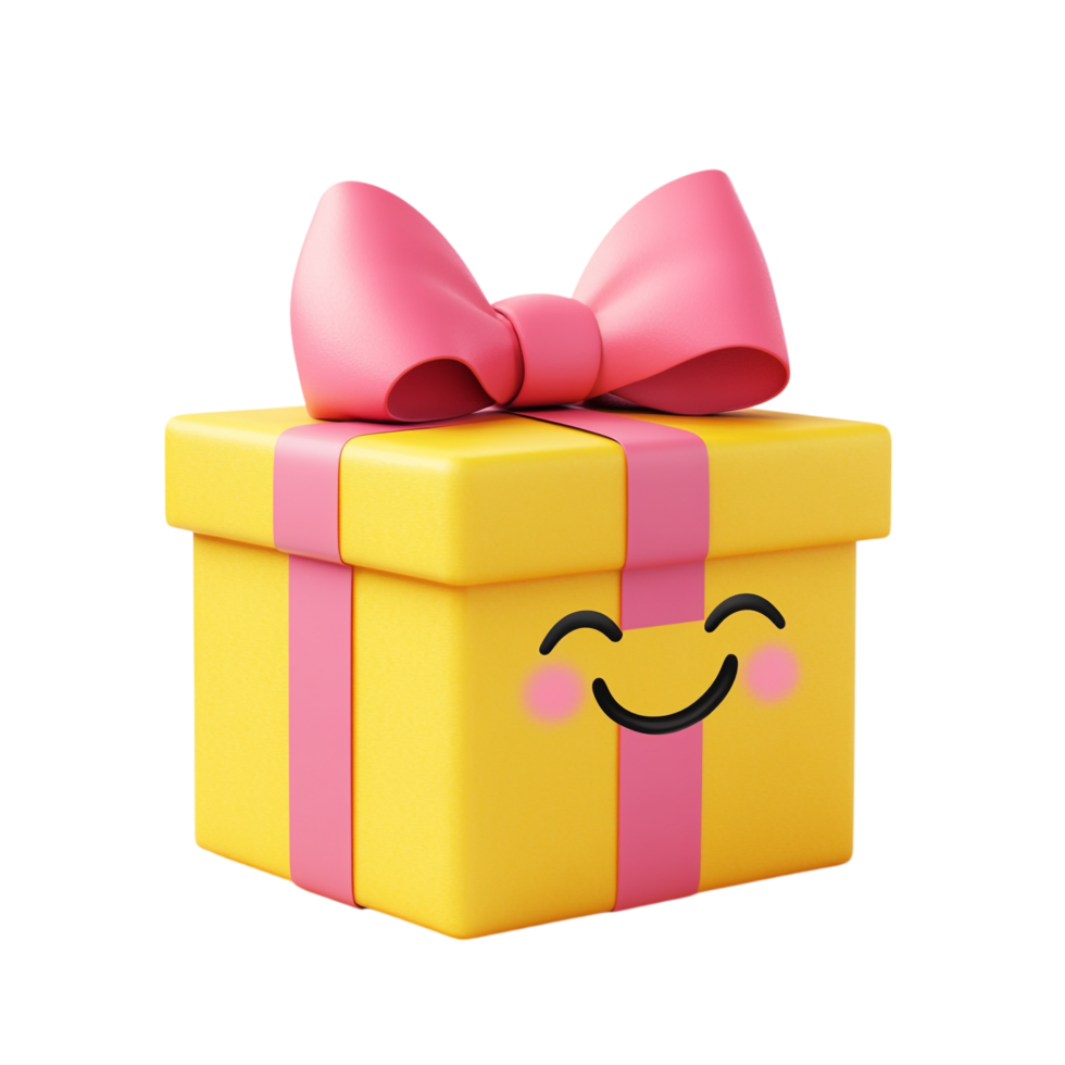 PNG Adorable Yellow Gift Box with Bow and Happy Face Emoji Illustration Against Transparent Background for Festive Designs, Celebration Themes, or Gift Concepts