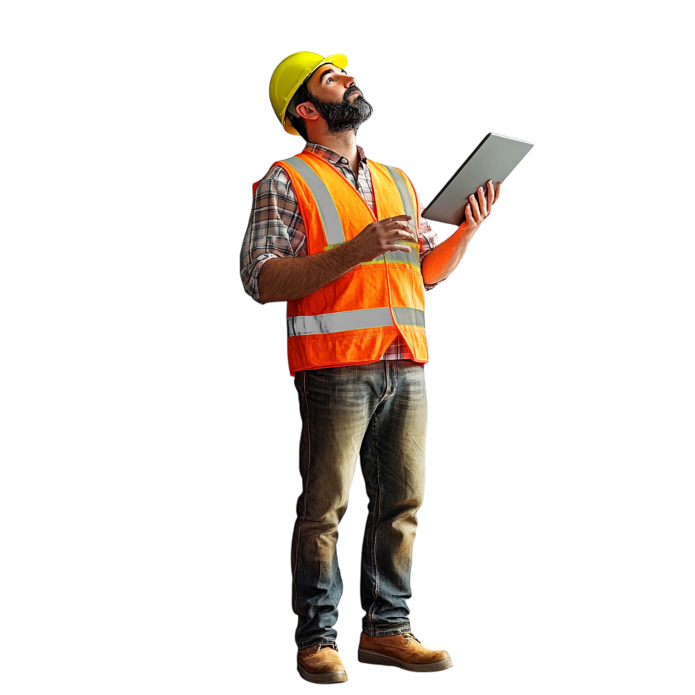 Engineer Construction Man with Tablet Looking Up - 3D Rendering png