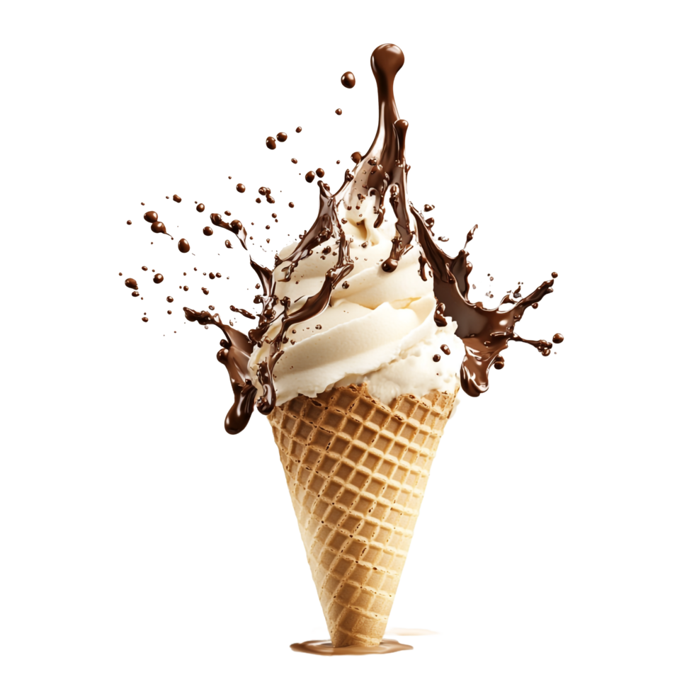 Isolated Vanilla Cone Ice Cream with Chocolate Splash png