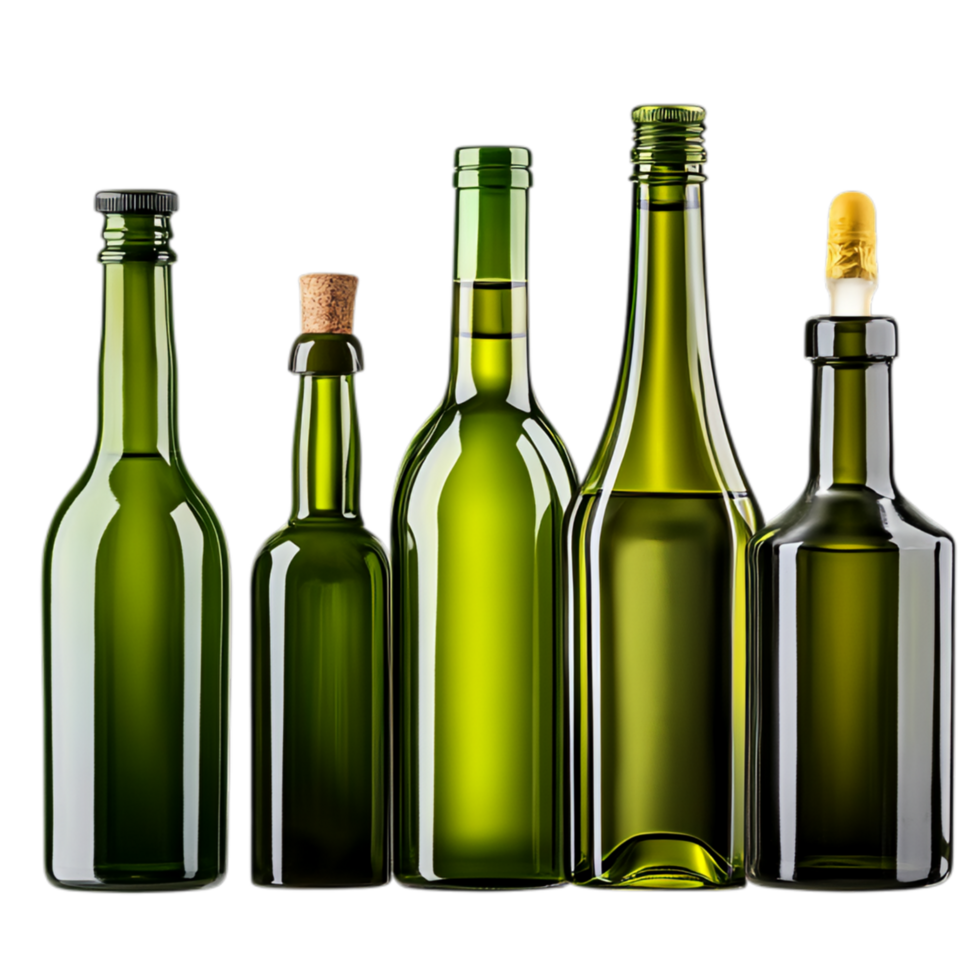 PNG Collection of Green Glass Bottles in Various Shapes and Sizes for Recycling Campaigns, Eco-Friendly Promotions, or Artistic Projects