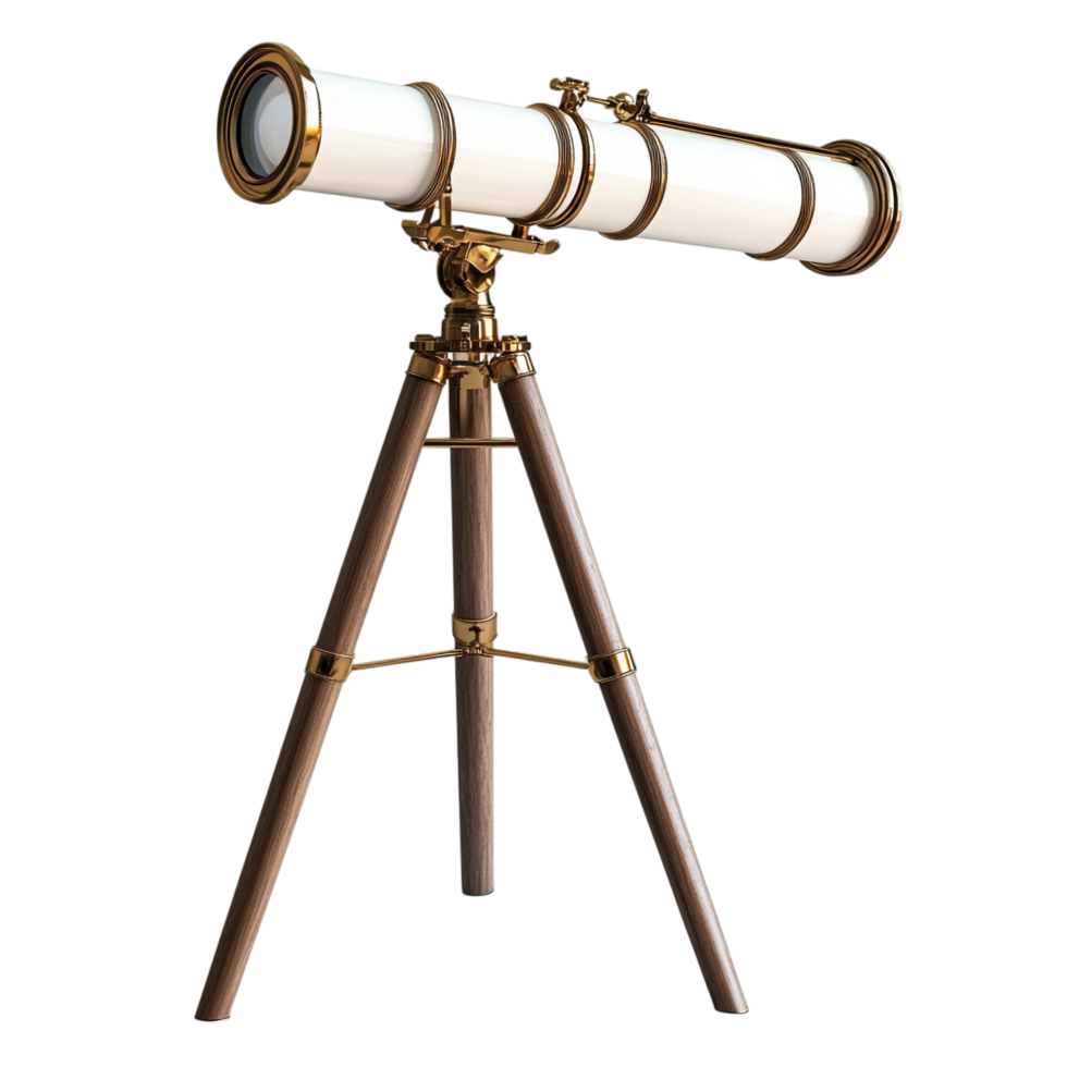 PNG Antique Brass and White Refracting Telescope on Wooden Stand Against Transparent Background for Scientific Designs, Historical Themes, or Decorative Illustrations