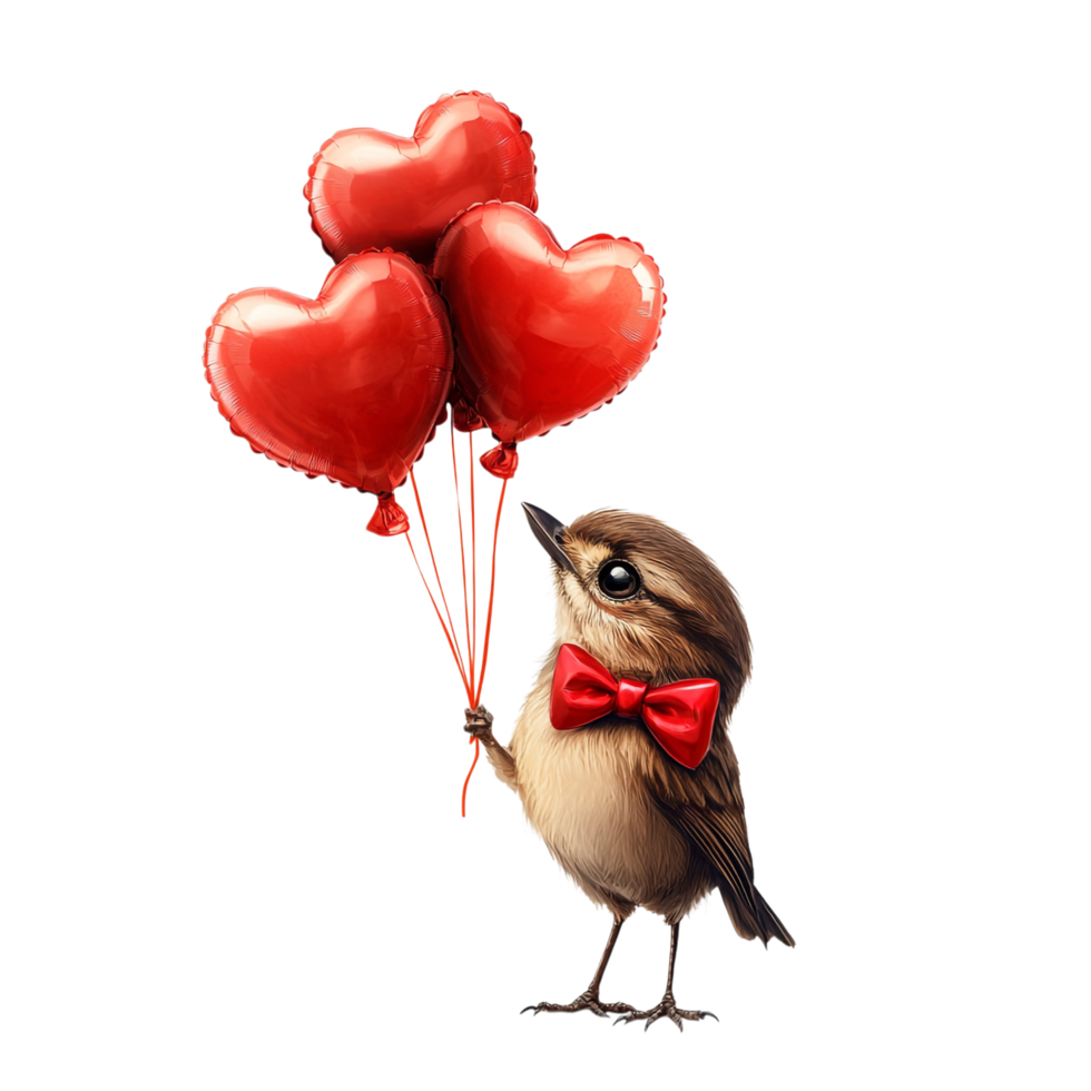 PNG Adorable Bird Wearing a Red Bow Tie and Holding a Heart for Valentine's Day, Against transparent Background Cute Characters, or Love-Themed Designs