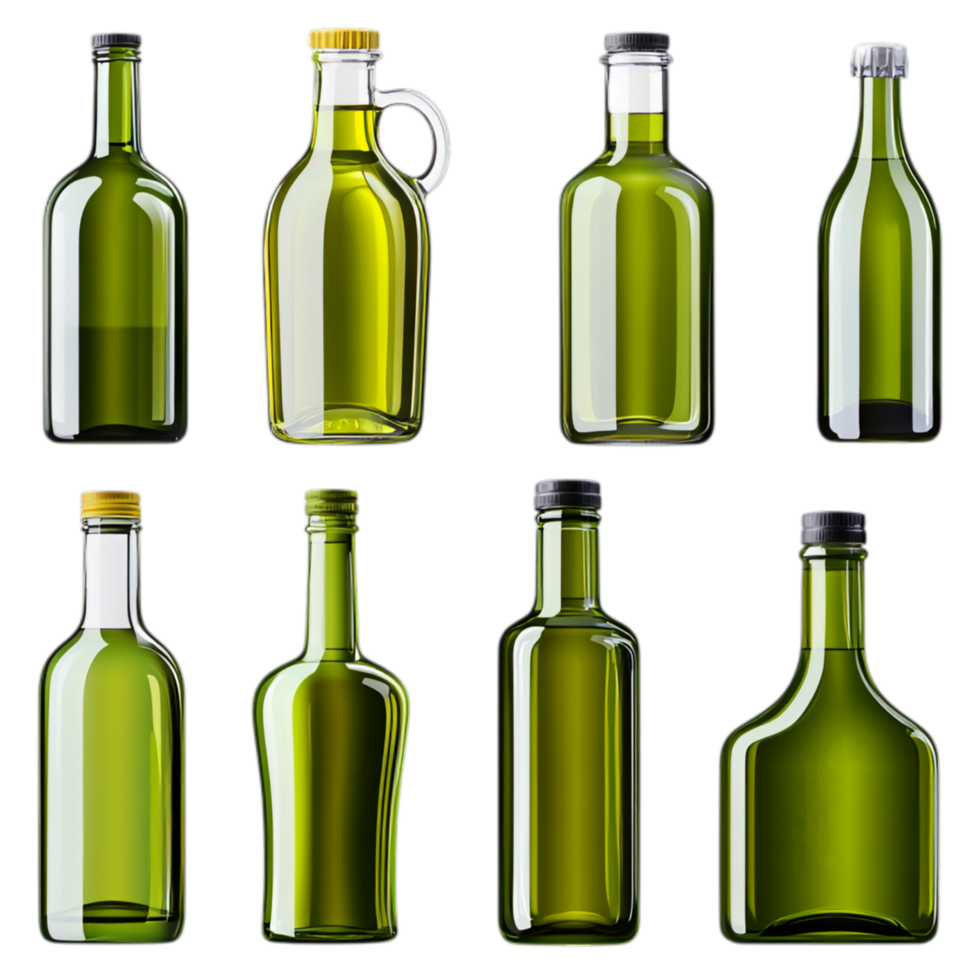 PNG Collection of Green Glass Bottles in Various Shapes and Sizes for Recycling Campaigns, Eco-Friendly Promotions, or Artistic Projects