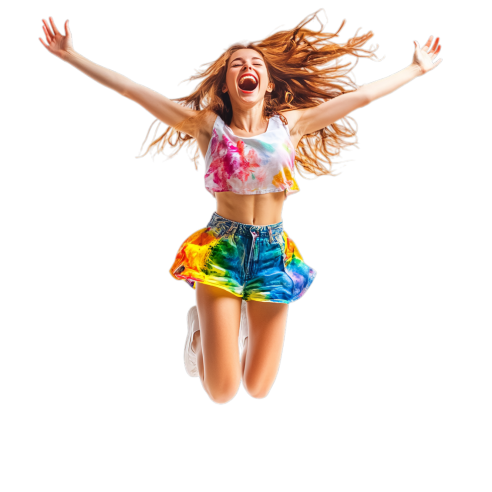 PNG Excited Young Woman Jumping in Midair with Joy Against Transparent Background for Lifestyle Branding, Energetic Campaigns, or Celebration Promotions