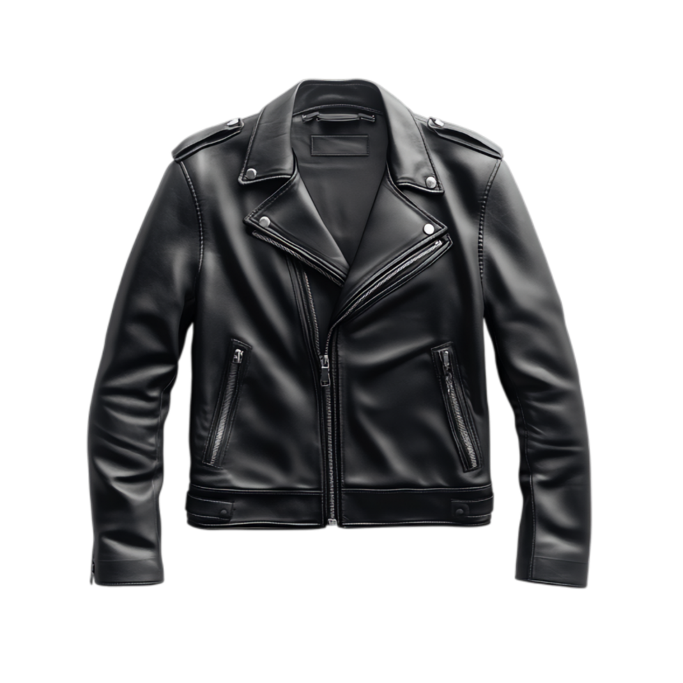 PNG Black Leather Jacket Displayed Against Transparent Background for Fashion Catalogs, Retail Promotions, or Clothing Design Projects