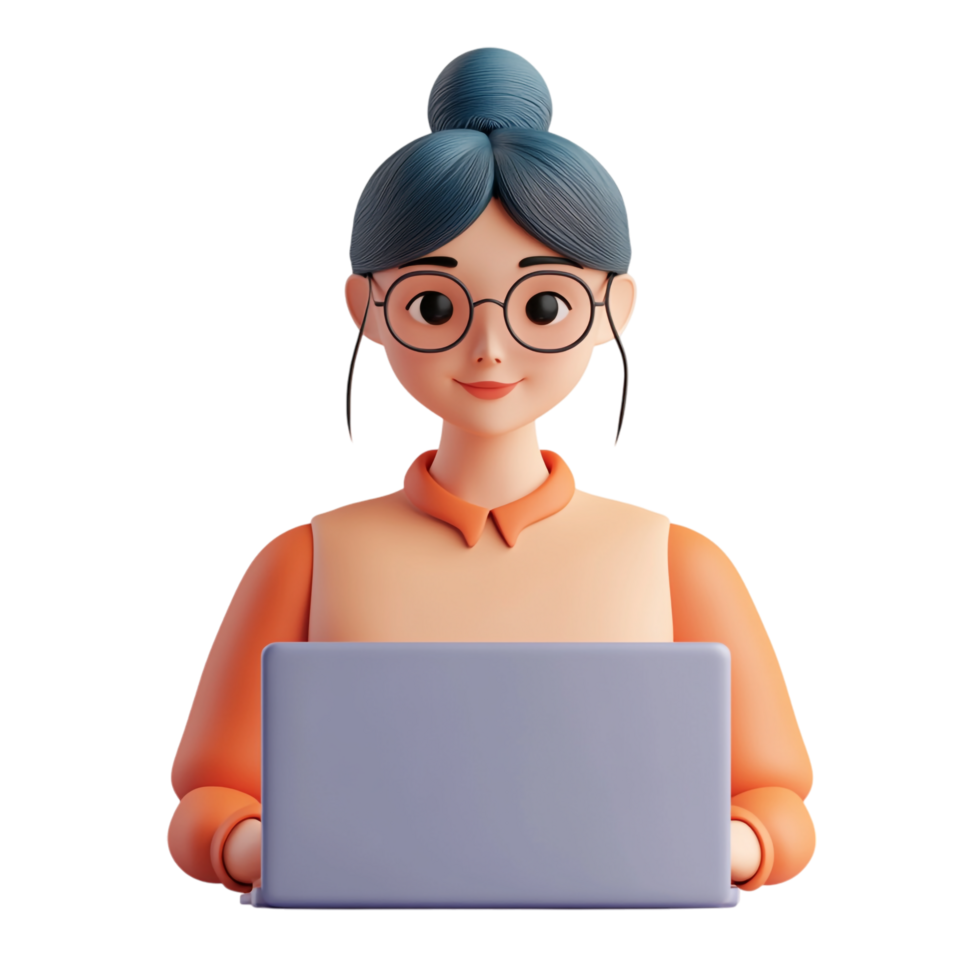 PNG 3D Render of a Woman Working on a Laptop Against Transparent Background for Remote Work, Productivity Themes, or Technology Illustrations