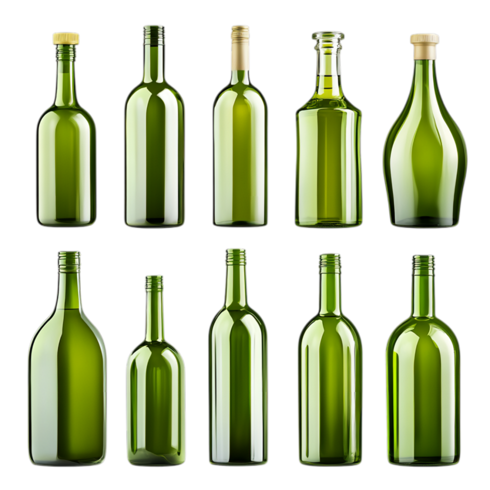 PNG Collection of Green Glass Bottles in Various Shapes and Sizes for Recycling Campaigns, Eco-Friendly Promotions, or Artistic Projects
