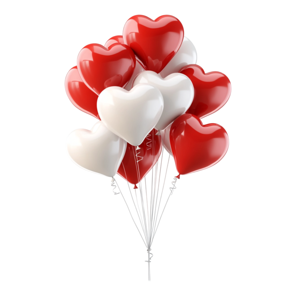 PNG Bunch of Red and White Heart-Shaped Balloons Against transparent Background for Romantic Celebrations, Valentine's Day, or Party Themes