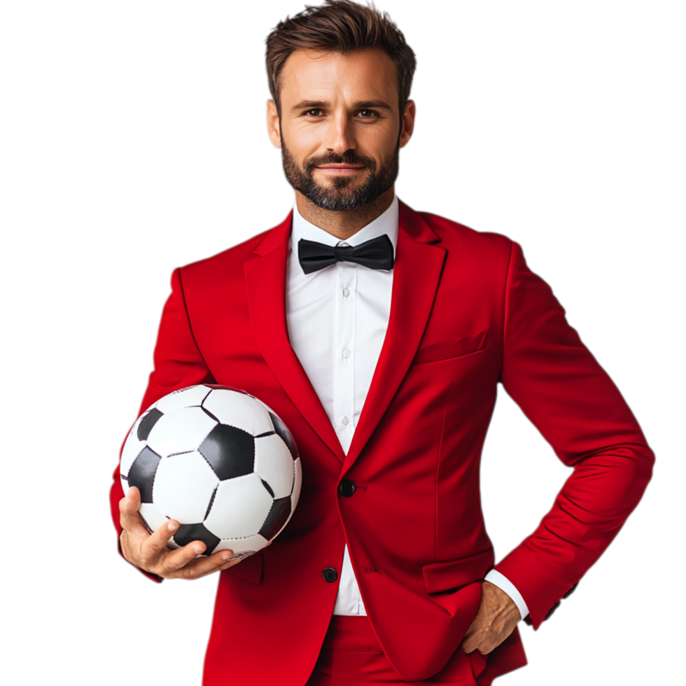 PNG Confident Man in Red Suit Holding Soccer Ball Against Transparent Background for Sports Advertising, Team Branding, or Athletic Campaigns