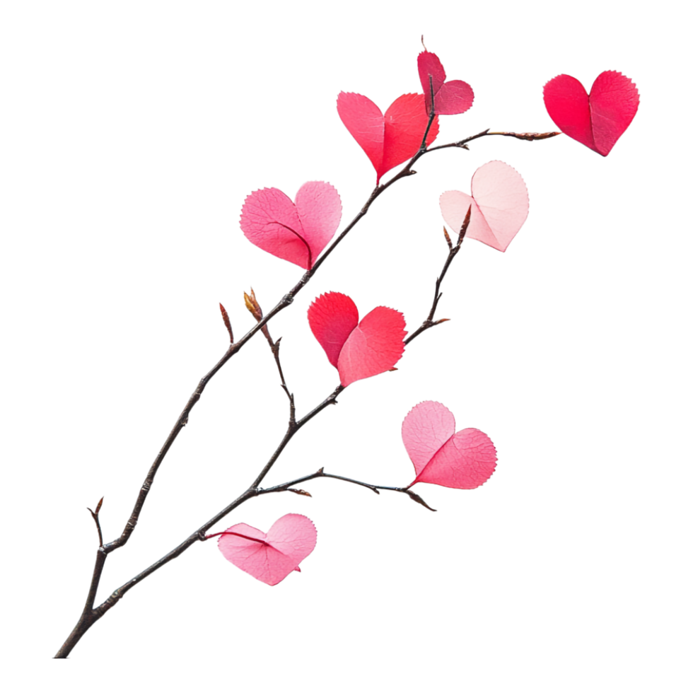 PNG Hearts on Branch in Pink and Red Against Transparent Background for Romantic Nature Themes, Valentine's Day Decorations, or Love Illustrations