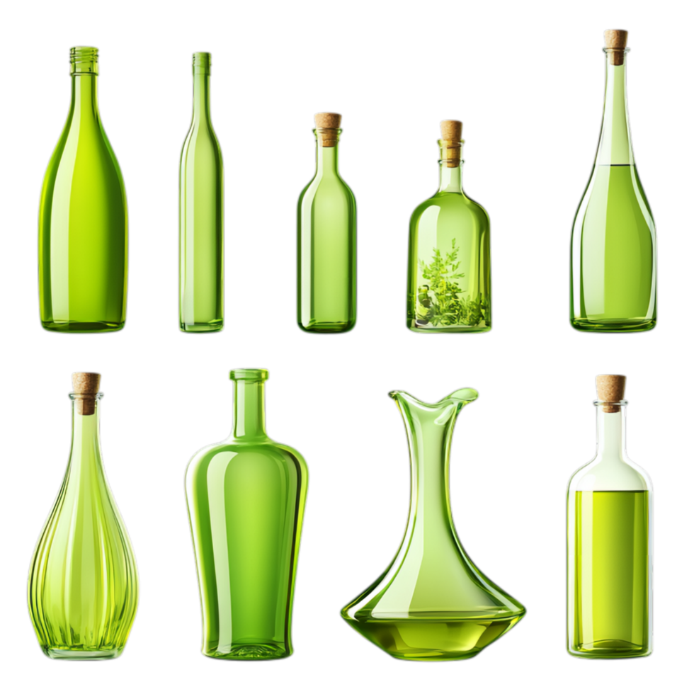 PNG Collection of Green Glass Bottles in Various Shapes and Sizes for Recycling Campaigns, Eco-Friendly Promotions, or Artistic Projects