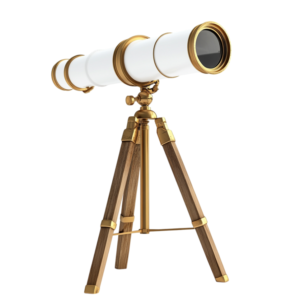 PNG Antique Brass and White Refracting Telescope on Wooden Stand Against Transparent Background for Scientific Designs, Historical Themes, or Decorative Illustrations