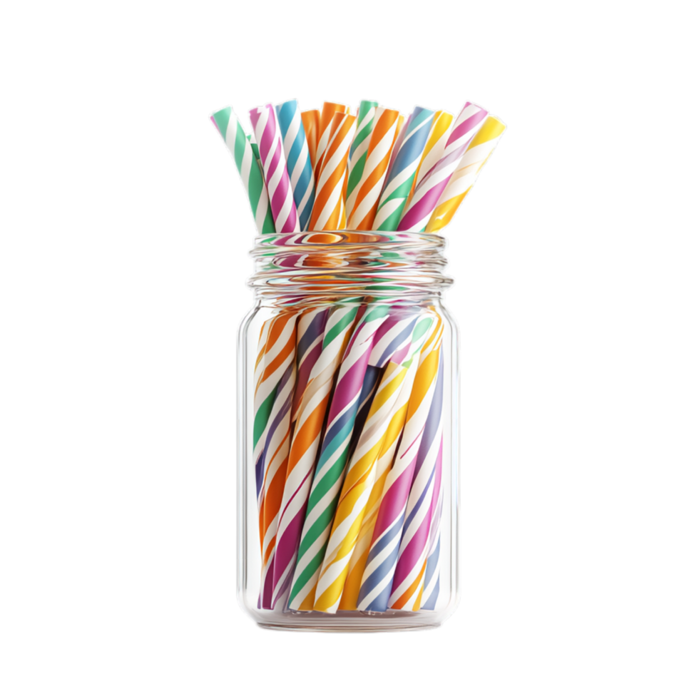 PNG Colorful Striped Paper Straws in a Glass Jar Against Transparent Background for Eco-Friendly Promotions, Beverage Advertising, or Party Decor
