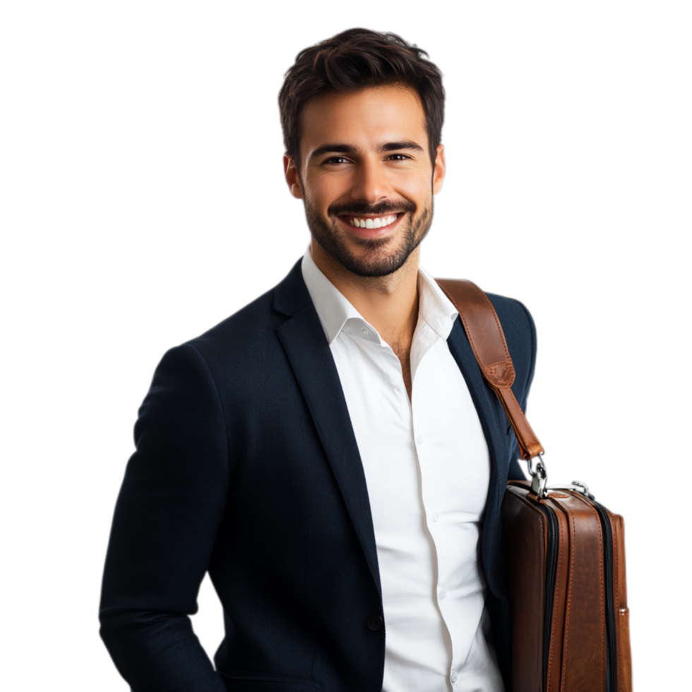 PNG Confident Businessman Smiling with Briefcase Against Transparent Background for Career Themes, Business Marketing, or Leadership Projects