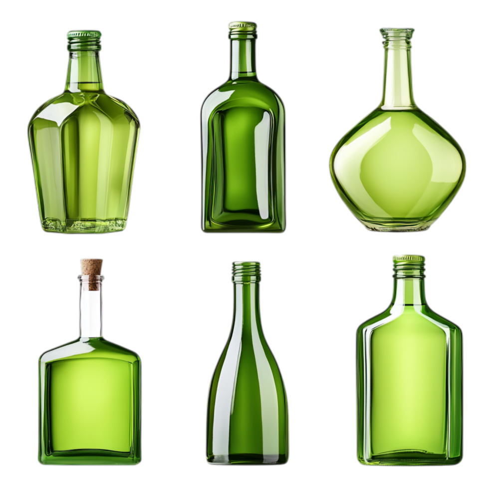 PNG Collection of Green Glass Bottles in Various Shapes and Sizes for Recycling Campaigns, Eco-Friendly Promotions, or Artistic Projects