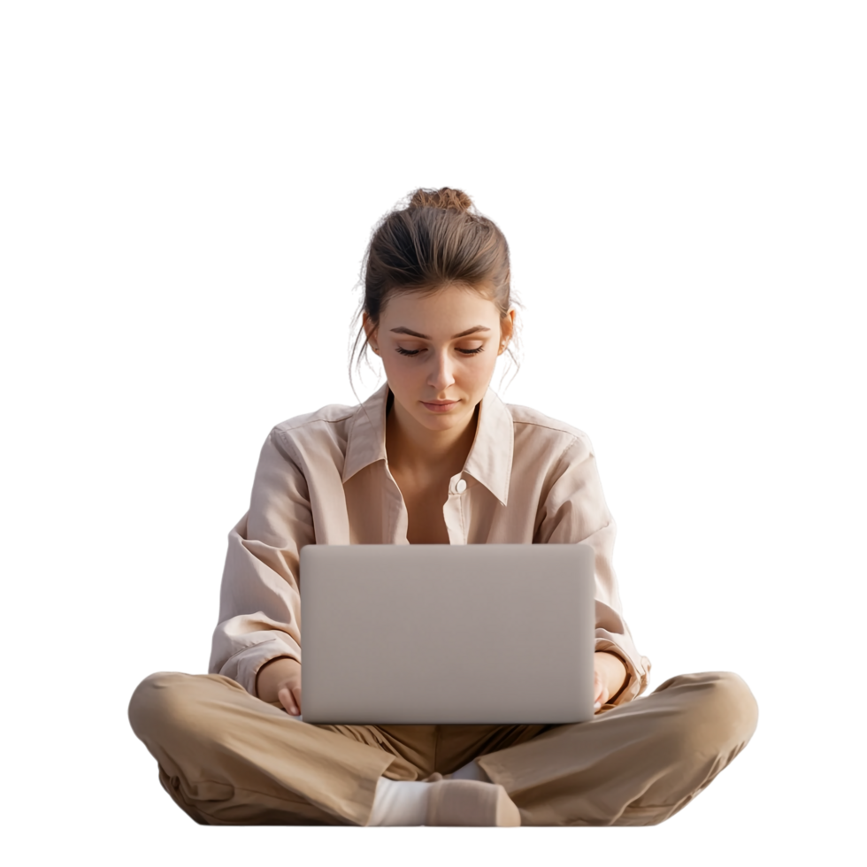 PNG 3D Render of a Woman Working on a Laptop Against Transparent Background for Remote Work, Productivity Themes, or Technology Illustrations