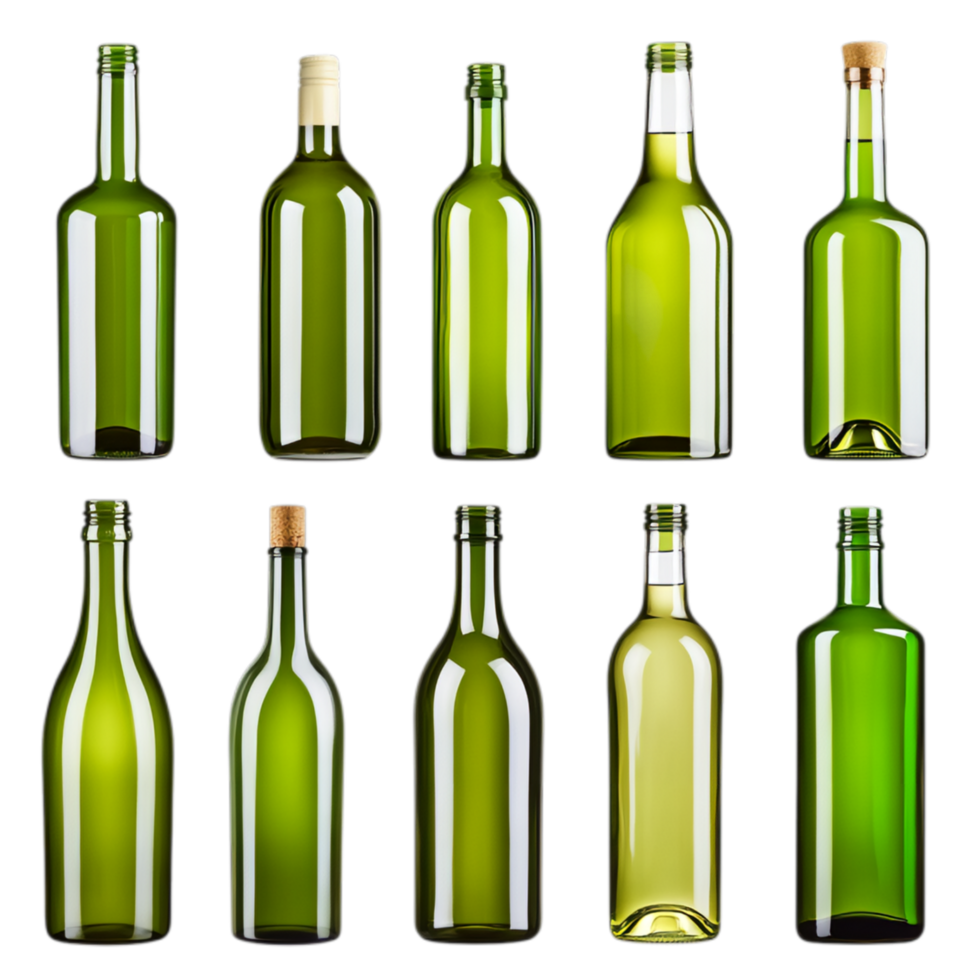 PNG Collection of Green Glass Bottles in Various Shapes and Sizes for Recycling Campaigns, Eco-Friendly Promotions, or Artistic Projects