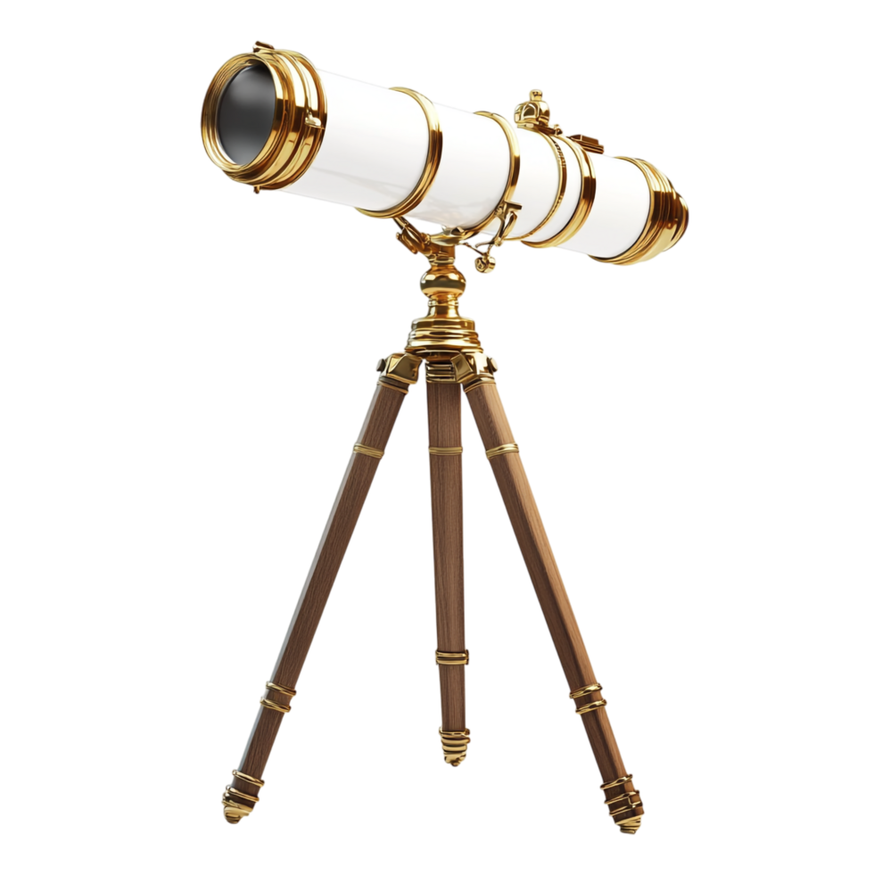 PNG Antique Brass and White Refracting Telescope on Wooden Stand Against Transparent Background for Scientific Designs, Historical Themes, or Decorative Illustrations