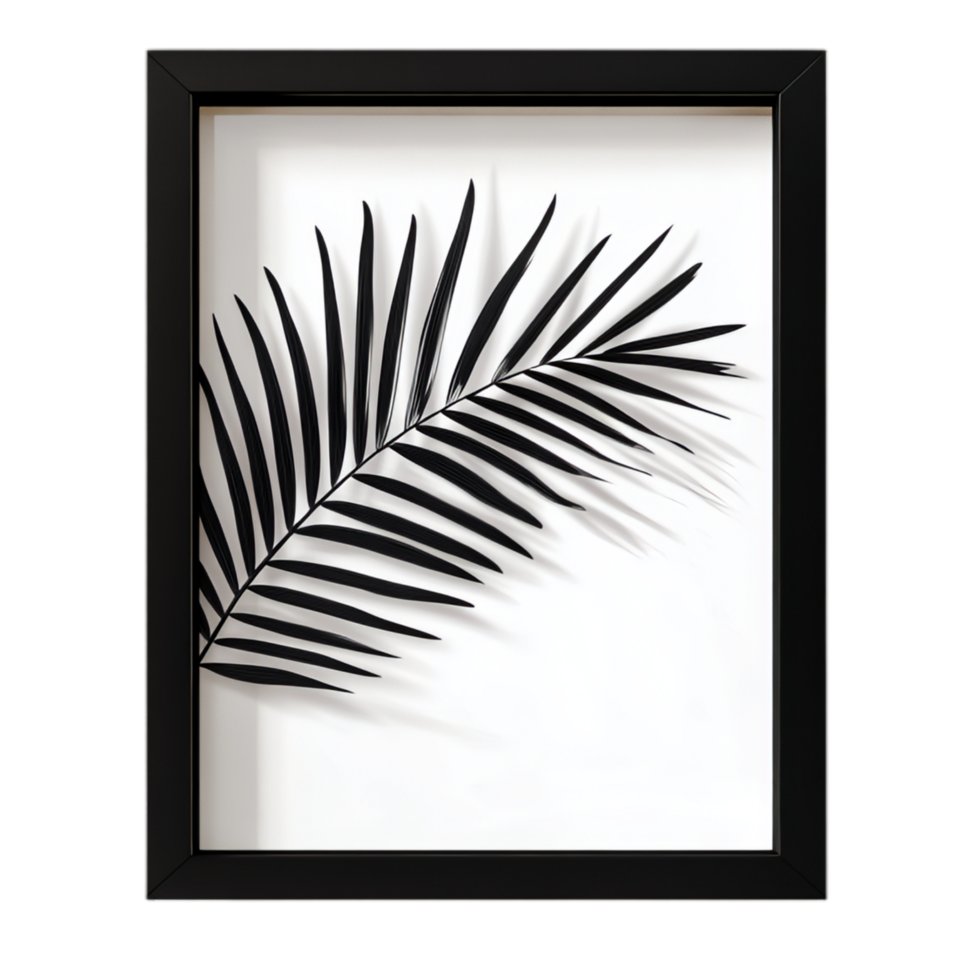 PNG Elegant Black Frame Mockup with Palm Leaf Shadow Against Transparent Background for Minimalistic Branding, Art Display, or Creative Projects
