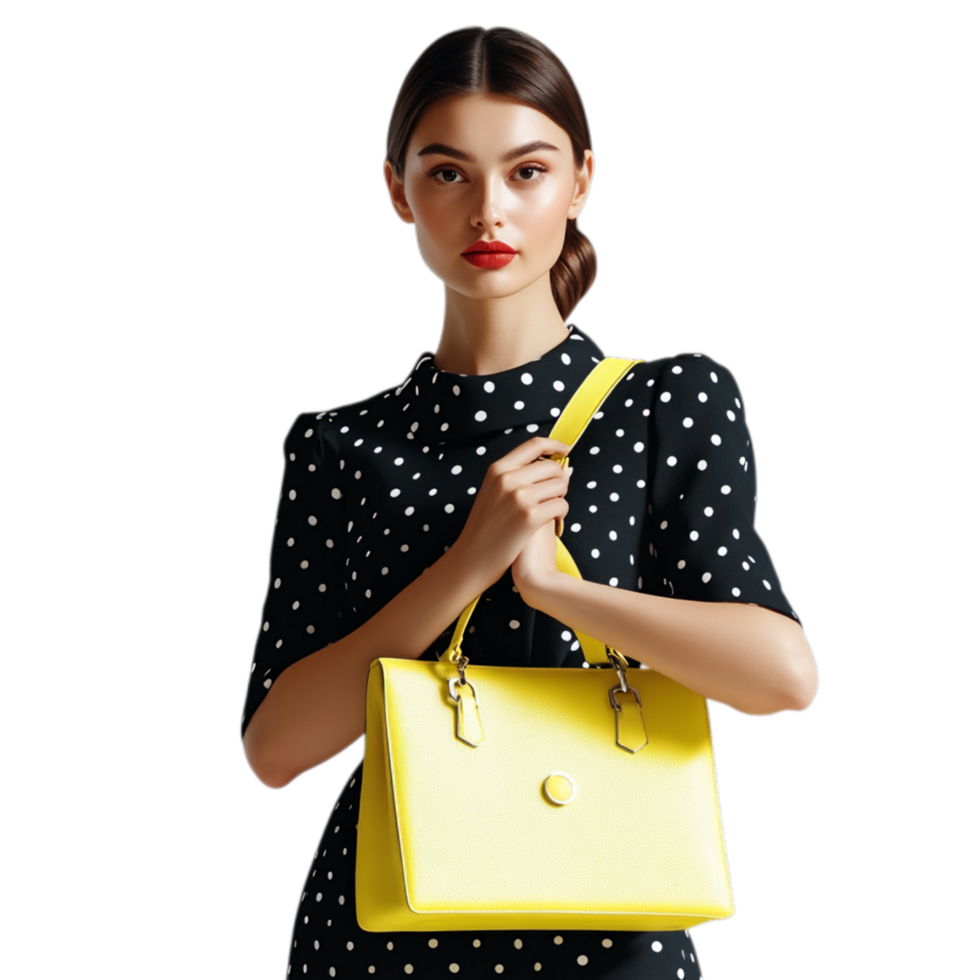 PNG Elegant Woman in Polka Dot Dress Holding a Yellow Handbag Against Transparent Background