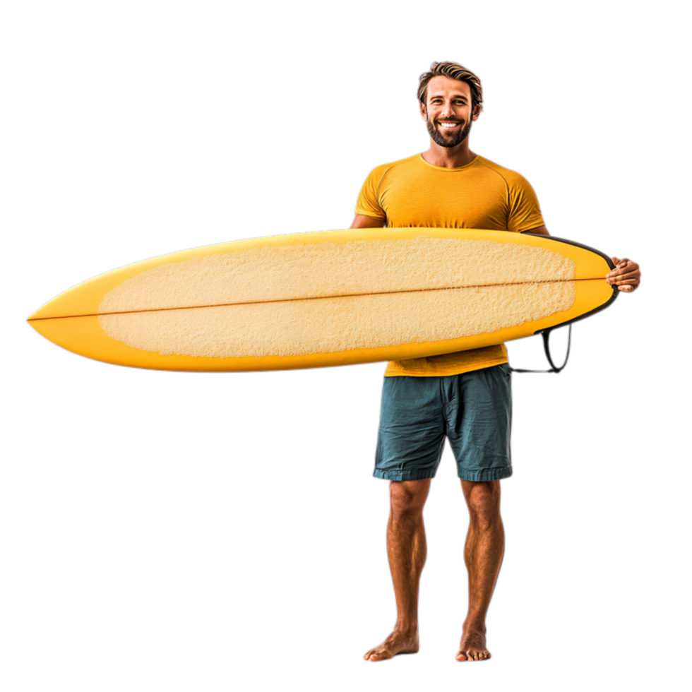 PNG Confident Man Holding Surfboard Against Transparent Background for Surfing Promotions, Adventure Branding, or Beach-Themed Campaigns