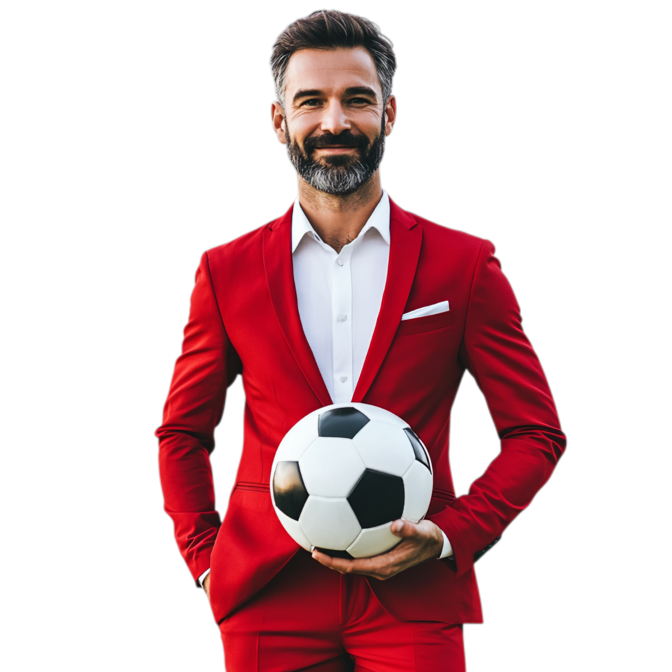 PNG Confident Man in Red Suit Holding Soccer Ball Against Transparent Background for Sports Advertising, Team Branding, or Athletic Campaigns