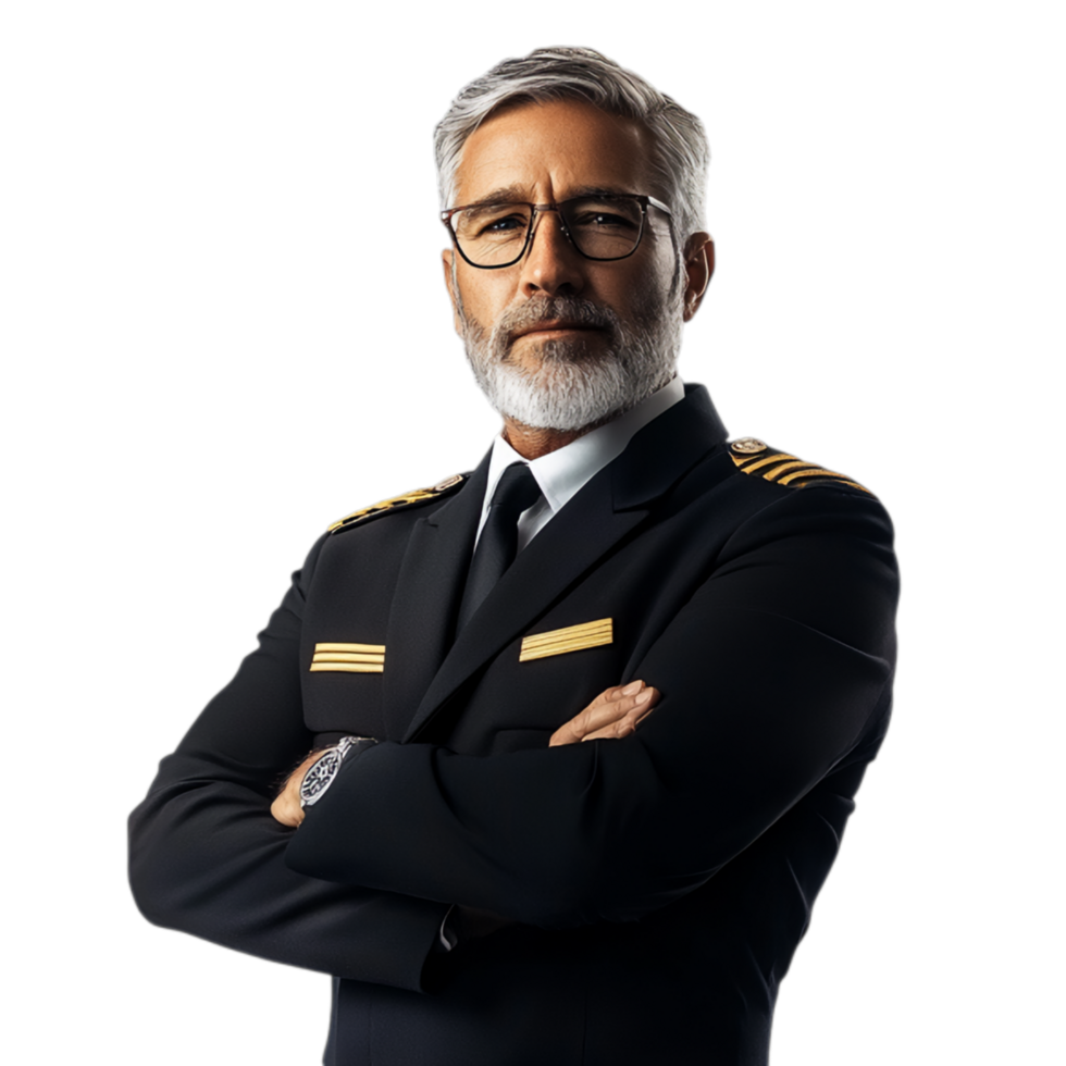 PNG Confident Senior Pilot with Arms Crossed Against Transparent Background for Aviation Themes, Leadership Branding, or Professional Campaigns