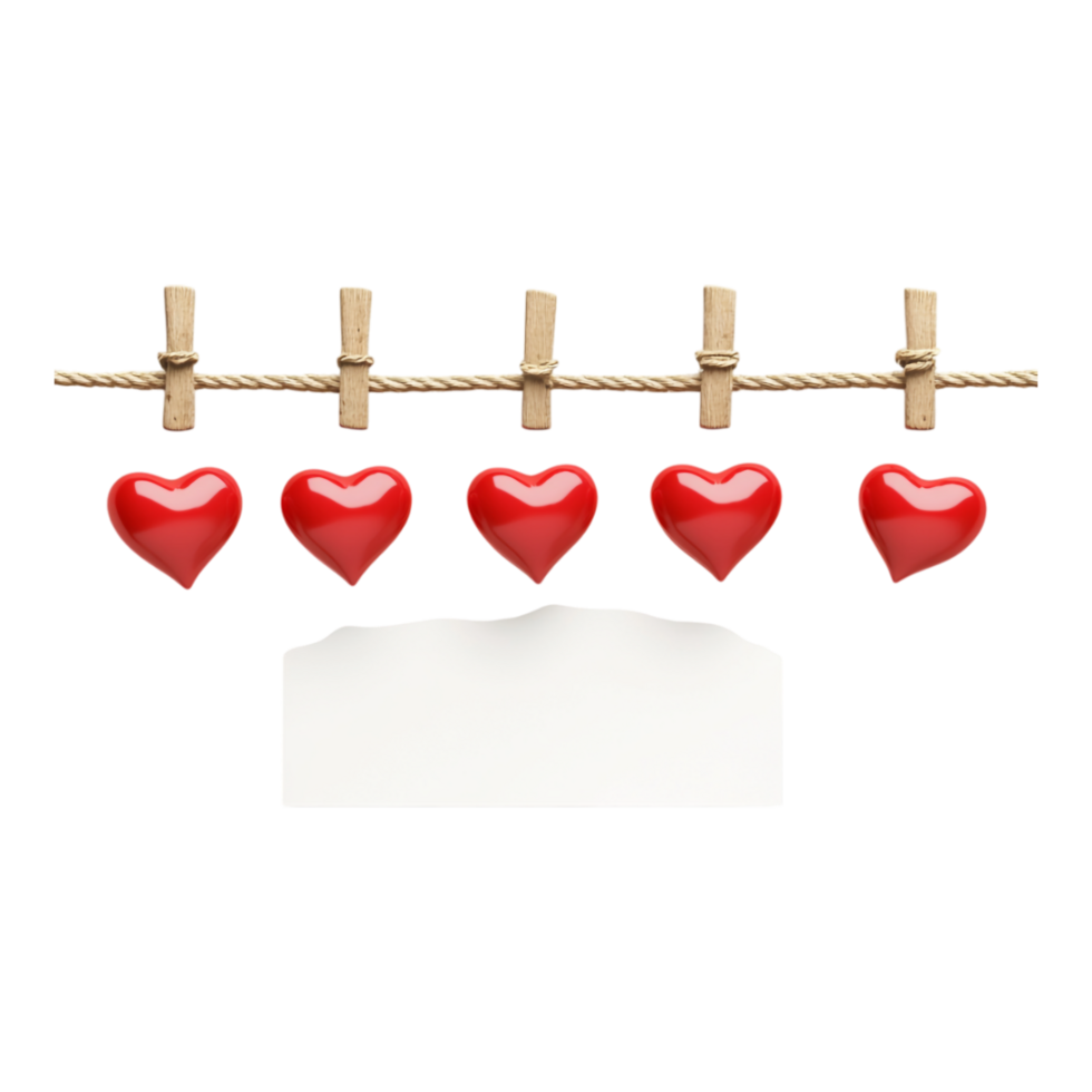 PNG Clothesline with Red Hearts and Blank Paper Against transparent Background for Valentine's Day Decorations, Romantic Notes, or Love-Themed Designs