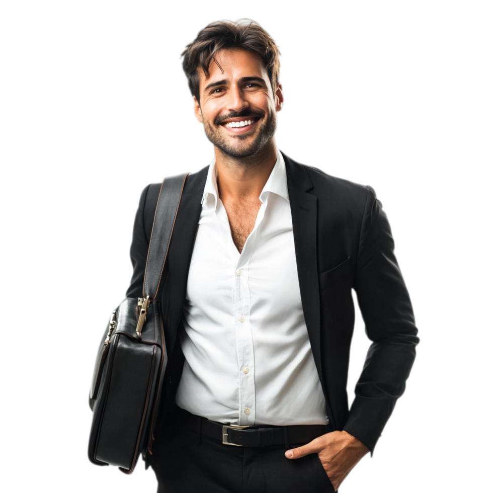 PNG Confident Businessman Smiling with Briefcase Against Transparent Background for Career Themes, Business Marketing, or Leadership Projects