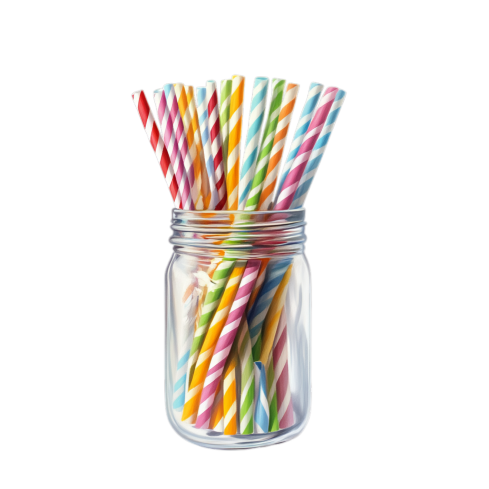 PNG Colorful Striped Paper Straws in a Glass Jar Against Transparent Background for Eco-Friendly Promotions, Beverage Advertising, or Party Decor